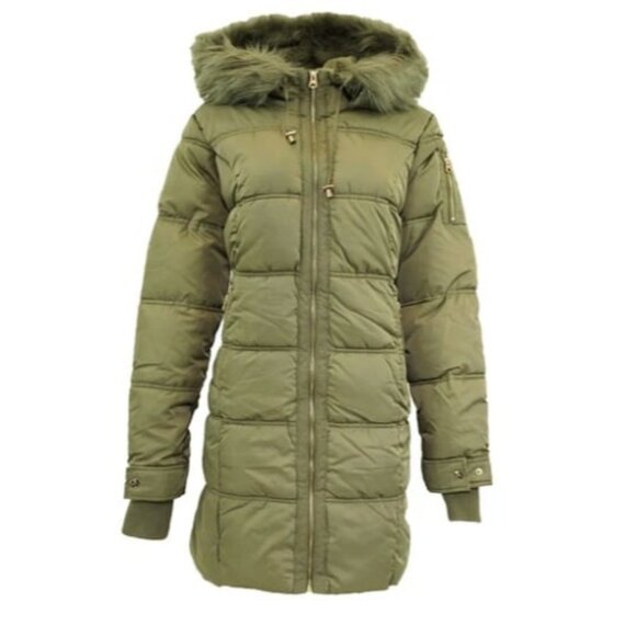 Jessica Simpson Women's Fur Trimmed Sherpa Lined Quilted Puffer Jacket Sage XL - Picture 1 of 6